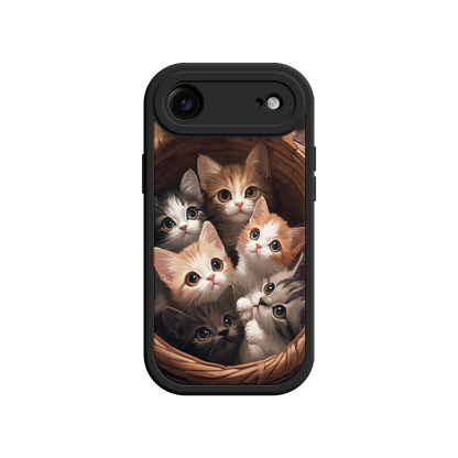 Pet-themed phone case with basket of cats