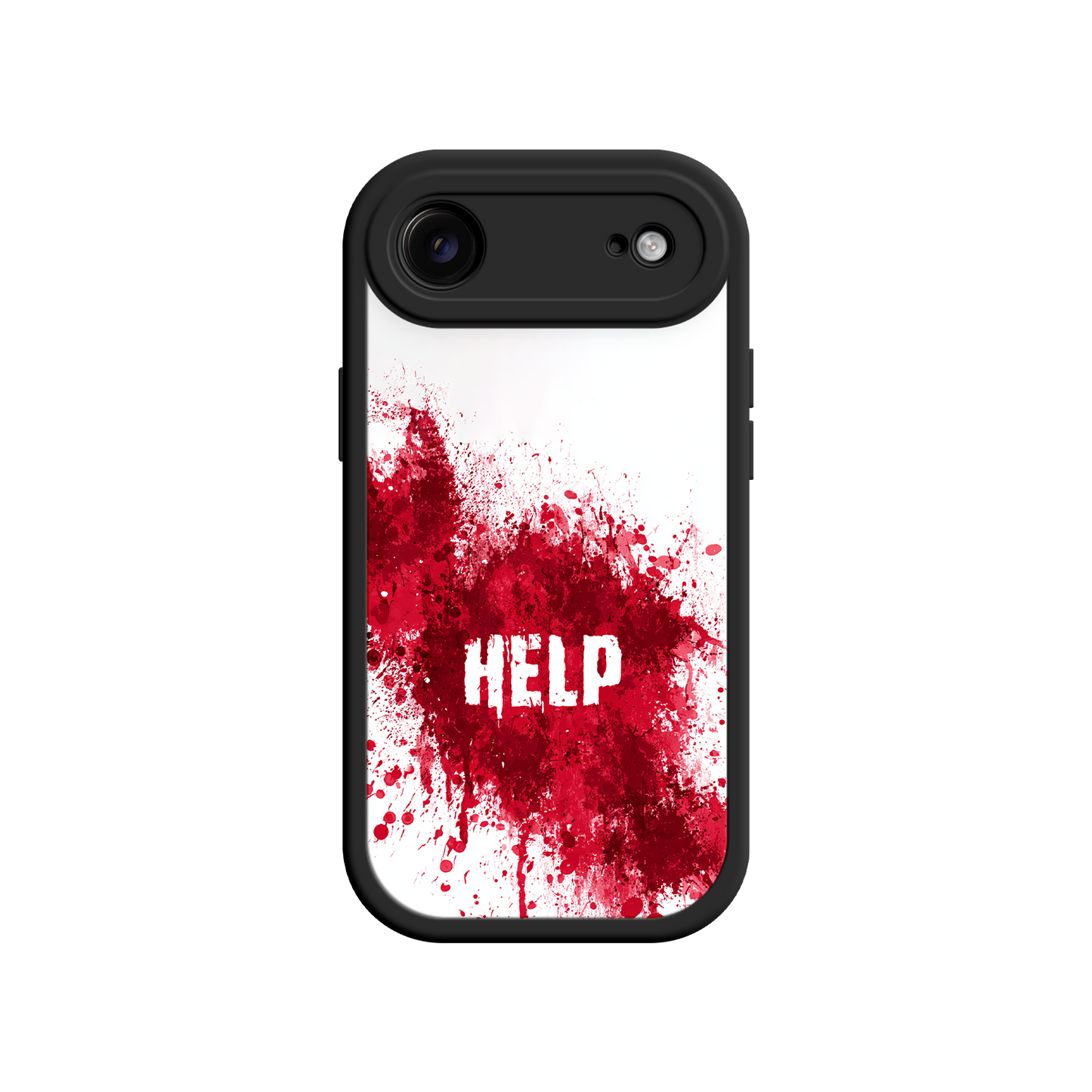 Graphic phone case with red splatter and bold “HELP” text