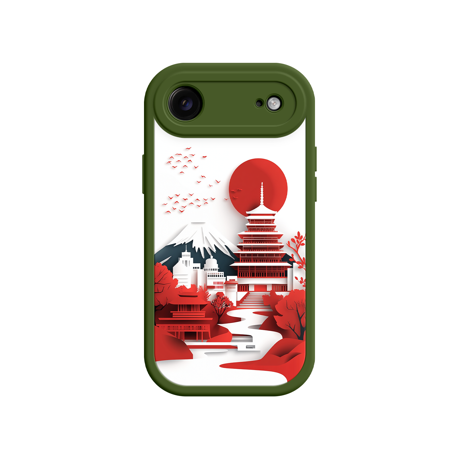 Japanese Pagoda & Mount Fuji Phone Case – Minimalist Red Sun Design for iPhone & Android