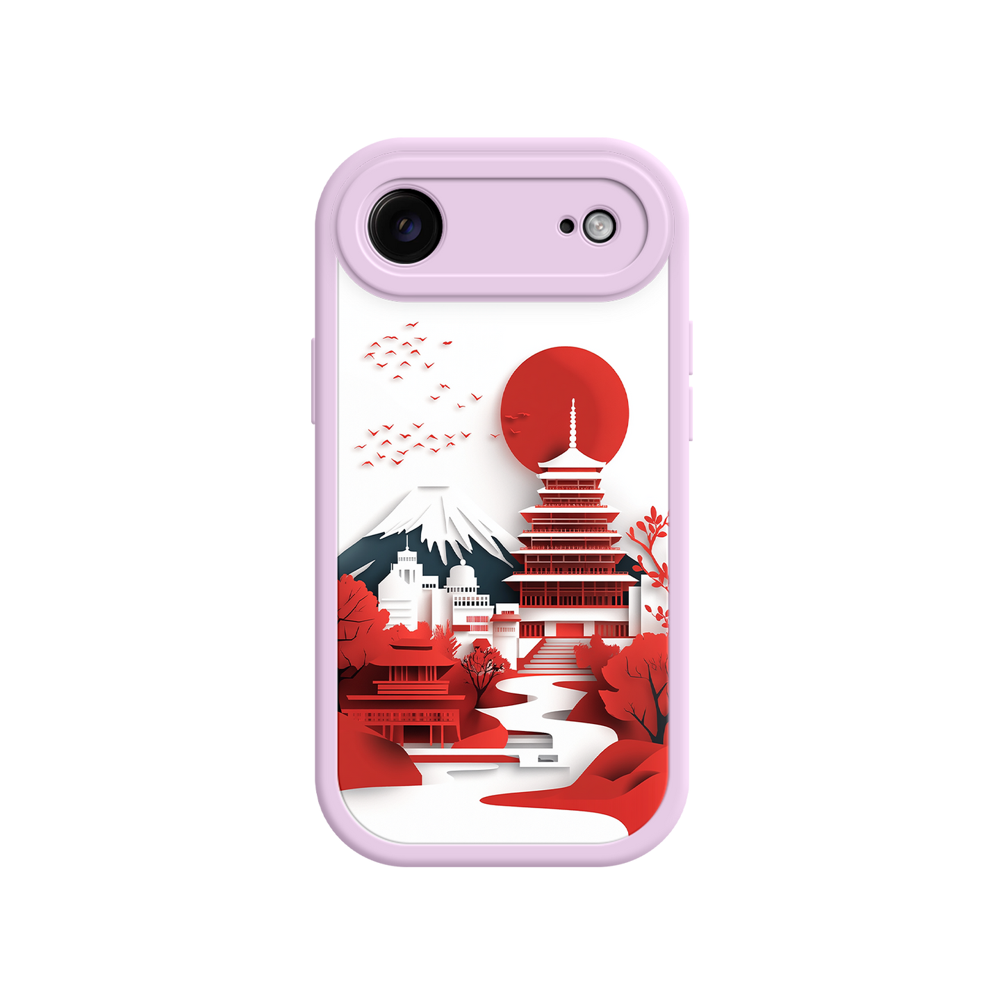 #MC0005 Factory Wholesale Japanese Pagoda & Mount Fuji Phone Case – Minimalist Red Sun Design for iPhone & Android