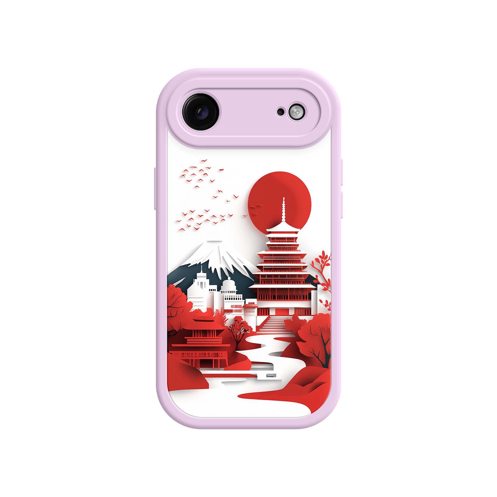 Japanese Pagoda & Mount Fuji Phone Case – Minimalist Red Sun Design for iPhone & Android