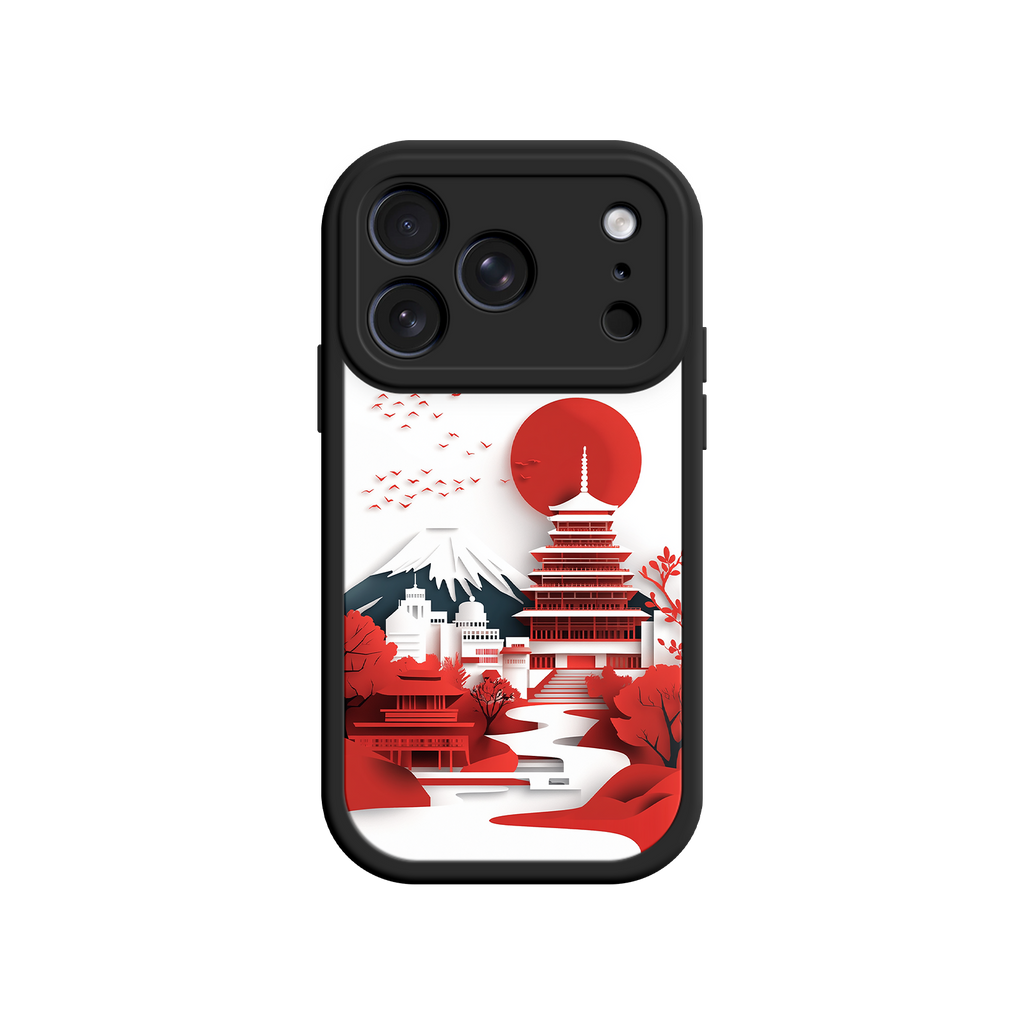 Japanese Pagoda & Mount Fuji Phone Case – Minimalist Red Sun Design for iPhone & Android