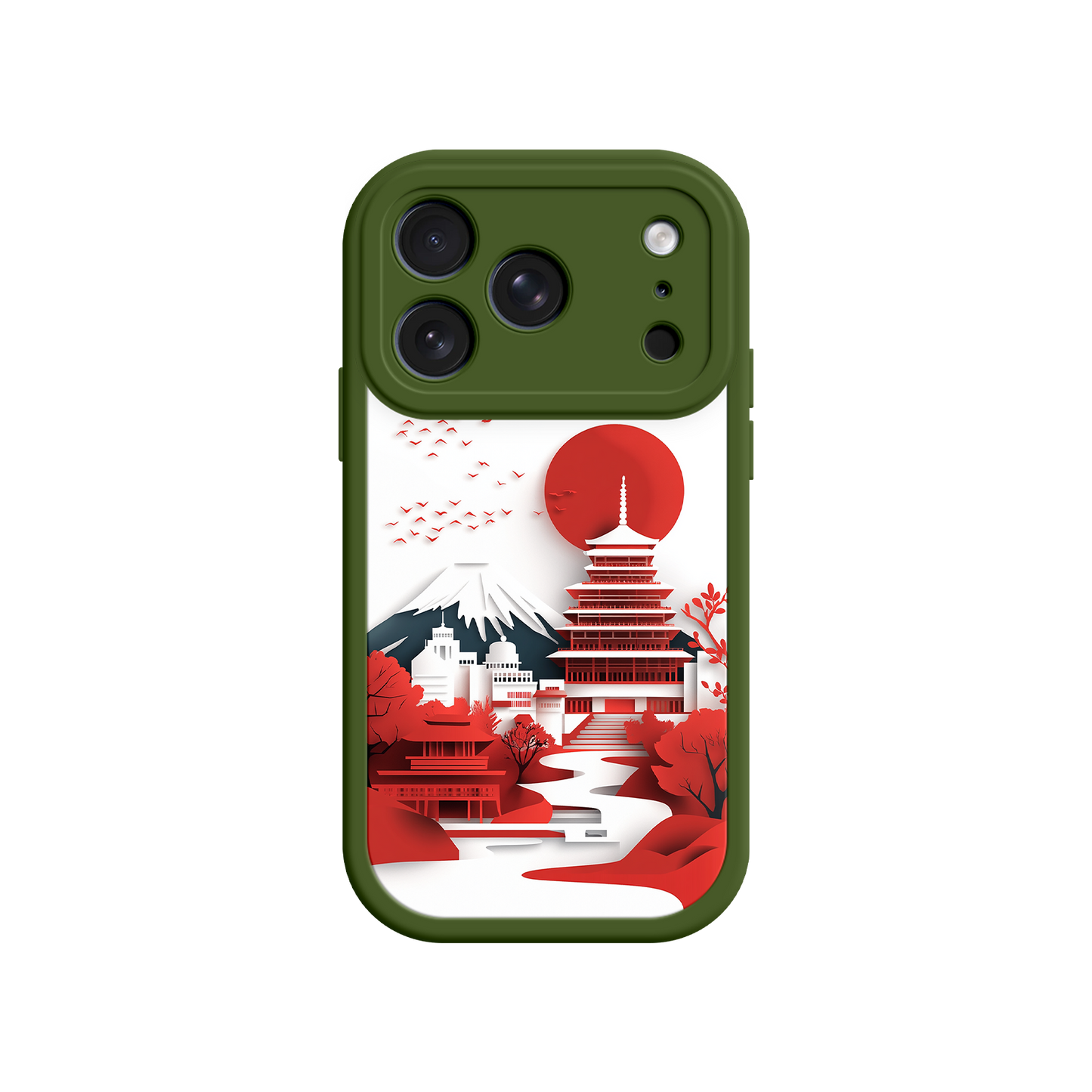 #MC0005 Factory Wholesale Japanese Pagoda & Mount Fuji Phone Case – Minimalist Red Sun Design for iPhone & Android
