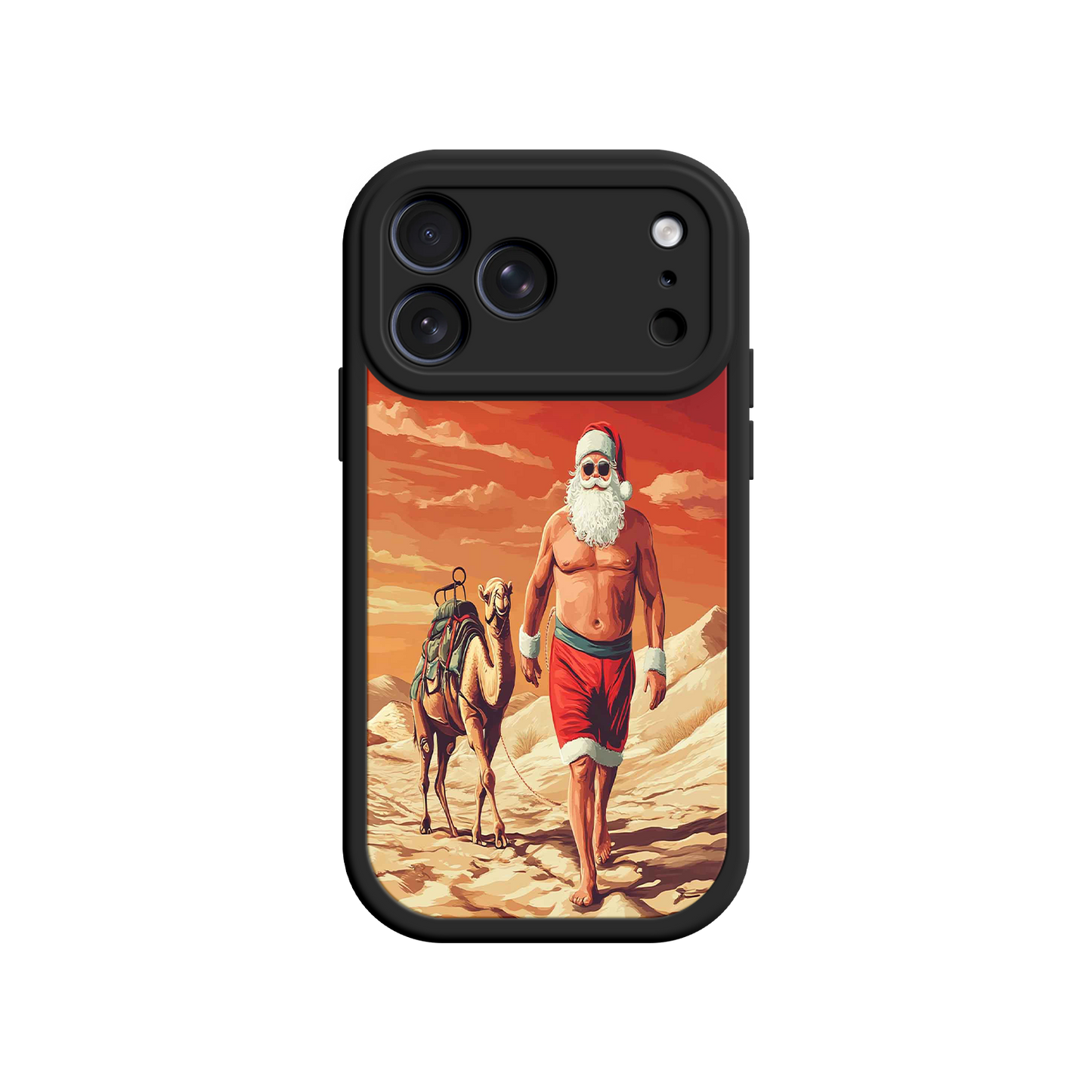 #MC0028 Factory Wholesale Desert Santa iPhone 17 Case – Funny Christmas Design, Muscular Santa & Camel, Holiday Heat Vibes