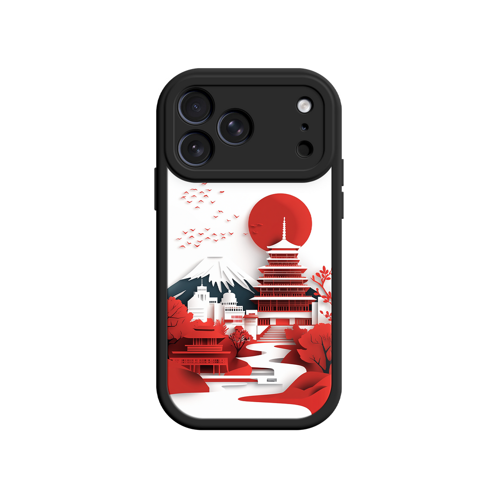 Japanese Pagoda & Mount Fuji Phone Case – Minimalist Red Sun Design for iPhone & Android