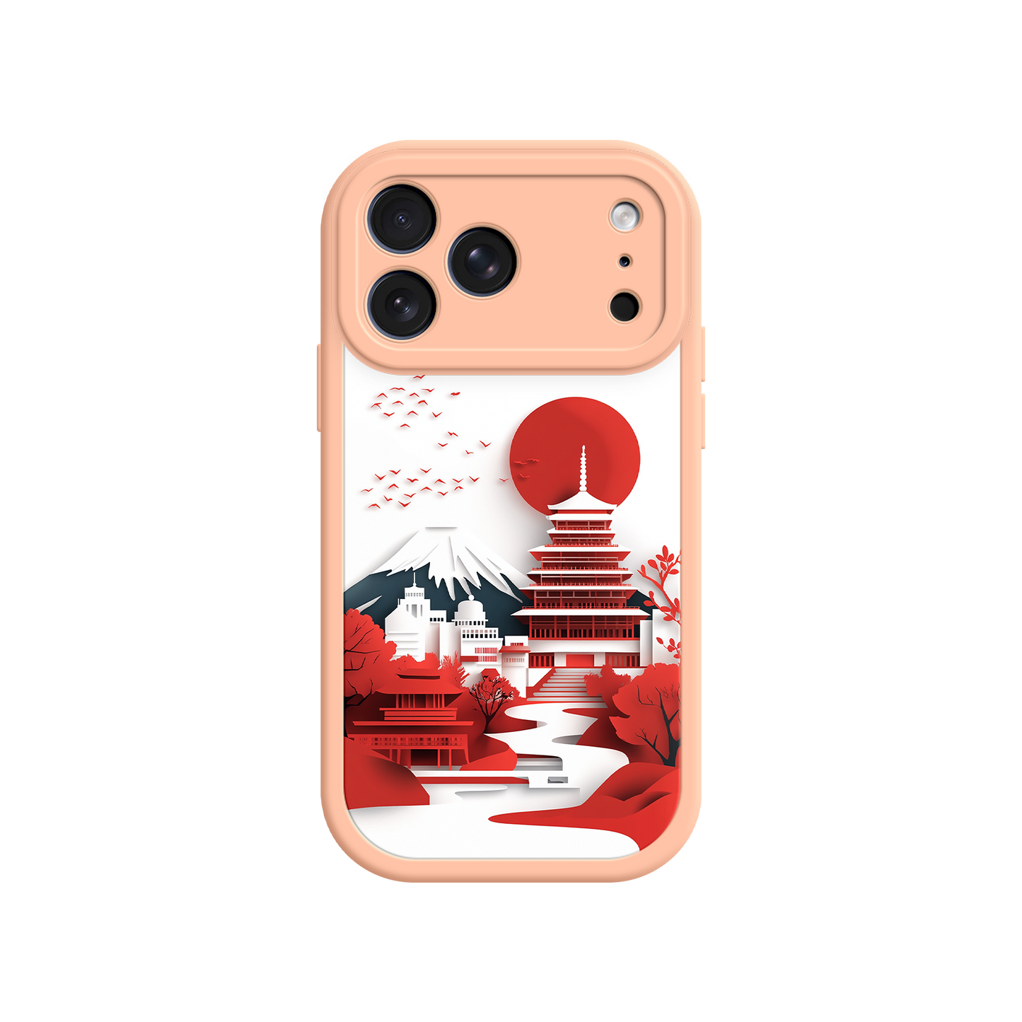 #MC0005 Factory Wholesale Japanese Pagoda & Mount Fuji Phone Case – Minimalist Red Sun Design for iPhone & Android