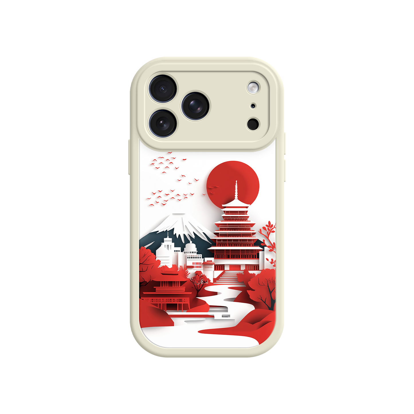 #MC0005 Factory Wholesale Japanese Pagoda & Mount Fuji Phone Case – Minimalist Red Sun Design for iPhone & Android