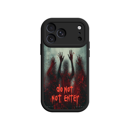 Horror phone case with blood splatter and warning text