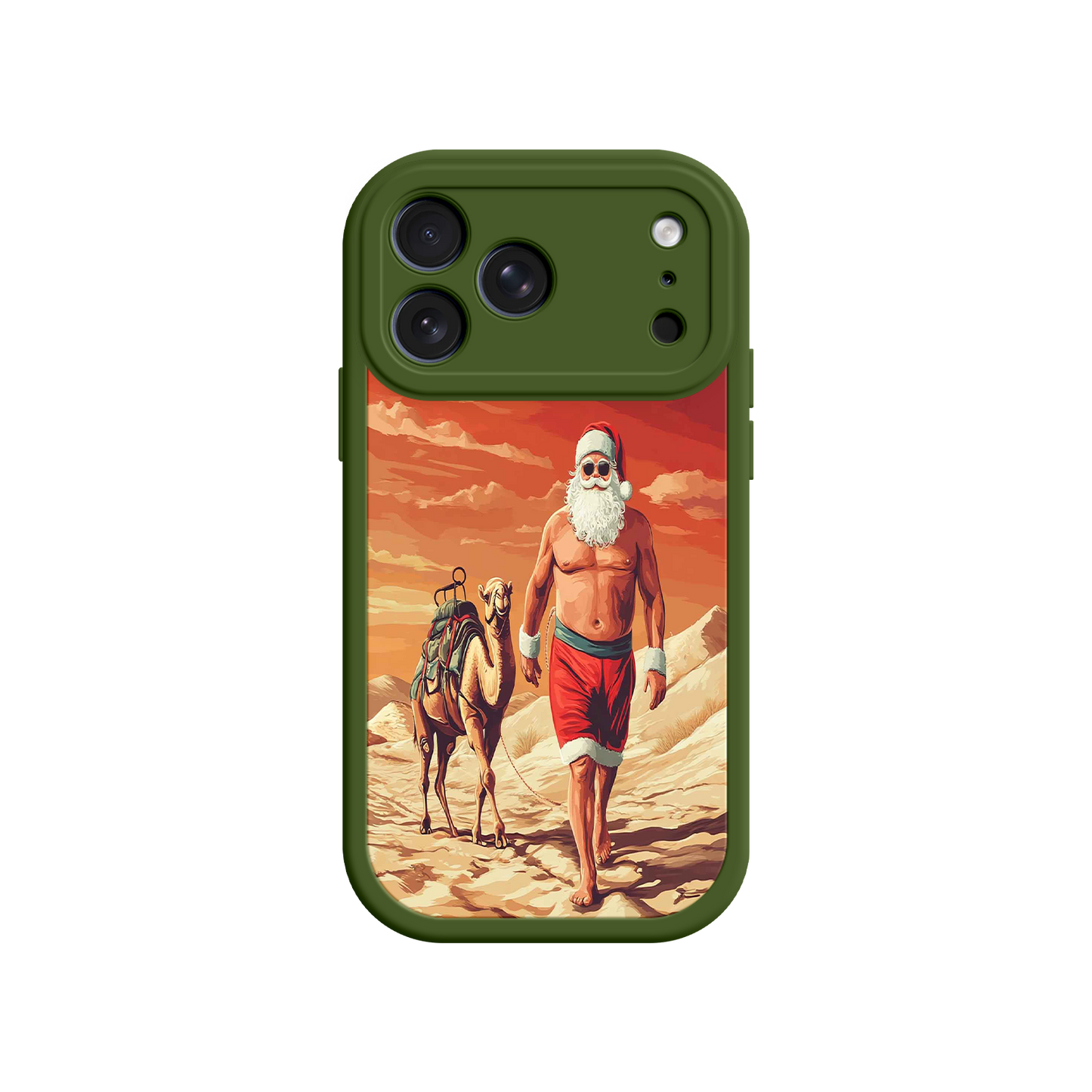 #MC0028 Factory Wholesale Desert Santa iPhone 17 Case – Funny Christmas Design, Muscular Santa & Camel, Holiday Heat Vibes