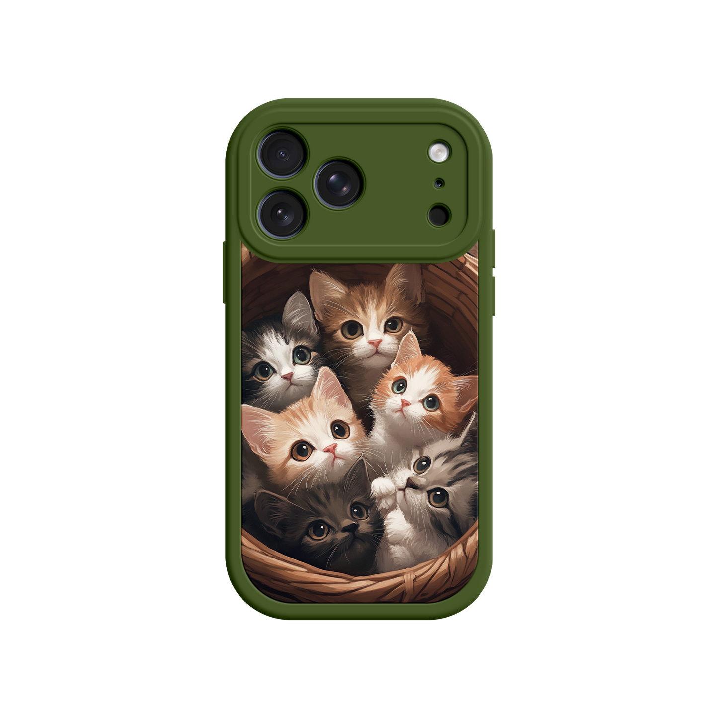 Cat-themed phone case with woven basket illustration