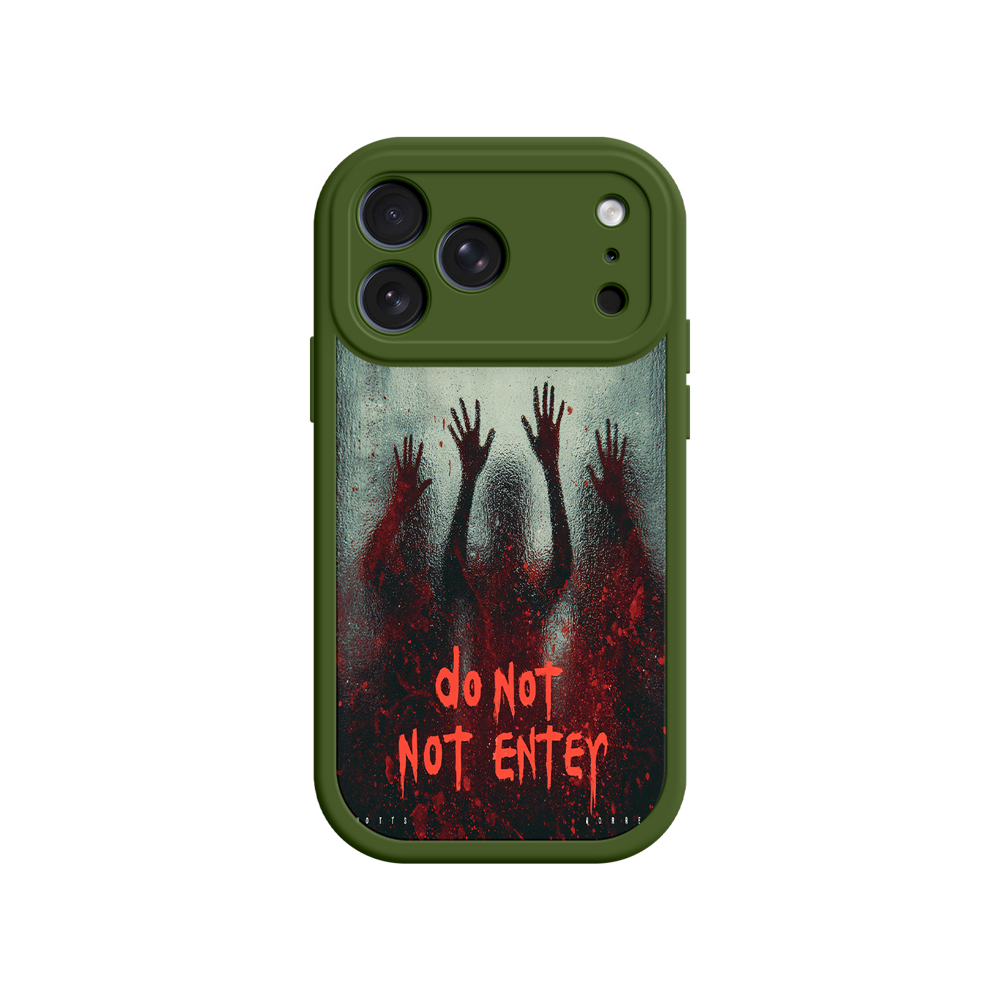 Thriller iPhone case with red splatter and warning