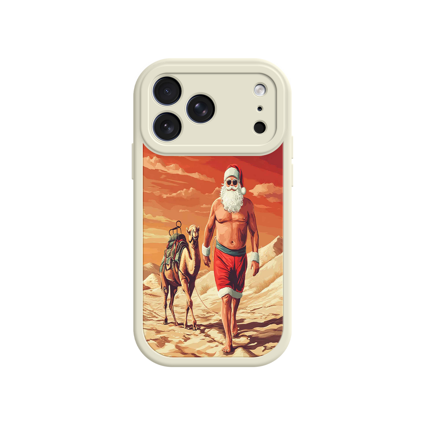 #MC0028 Factory Wholesale Desert Santa iPhone 17 Case – Funny Christmas Design, Muscular Santa & Camel, Holiday Heat Vibes