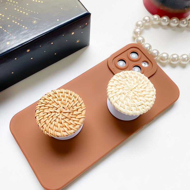Retro Rattan phone PopGrip, Portable Desktop Bracket, adjustable cellphone stand, retractable smartphone holder, phone mount support, Folding Kickstand, handheld accessories