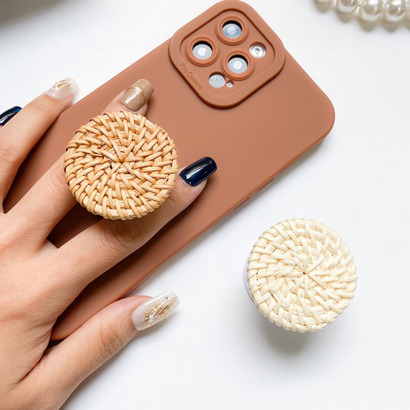 Retro Rattan phone PopGrip, Portable Desktop Bracket, adjustable cellphone stand, retractable smartphone holder, phone mount support, Folding Kickstand, handheld accessories