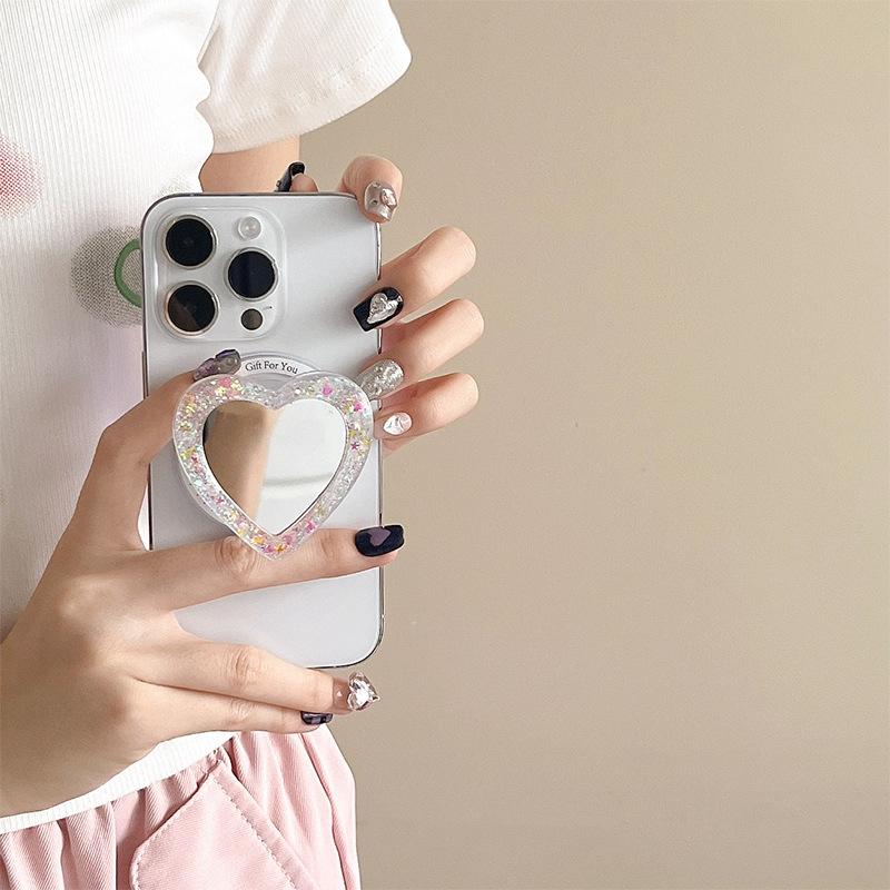 Magnetic Makeup Mirror Heart PopSockets Glitter phone PopGrip, adjustable cellphone stand, retractable smartphone holder, phone mount support, Folding Kickstand, handheld accessories