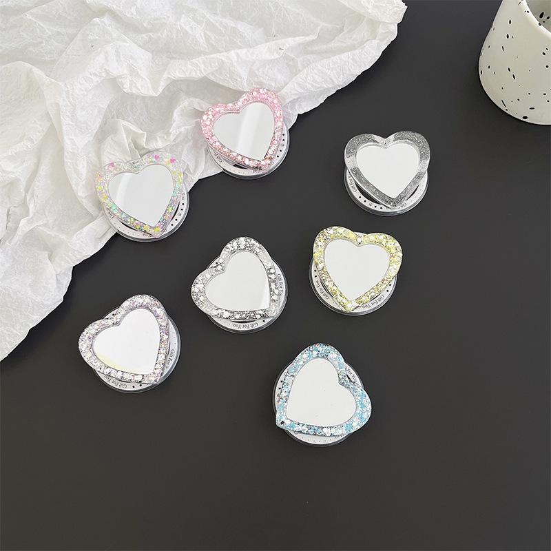 Magnetic Makeup Mirror Heart PopSockets Glitter phone PopGrip, adjustable cellphone stand, retractable smartphone holder, phone mount support, Folding Kickstand, handheld accessories