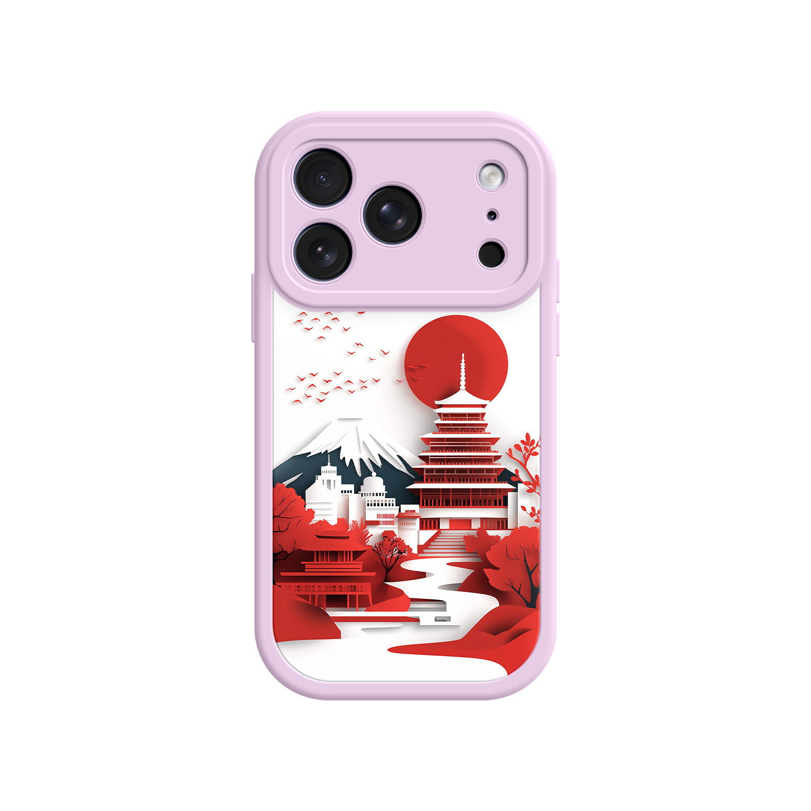 Japanese Red Pagoda & Fuji Phone Case - Unique Design - Pink Border - iPhone