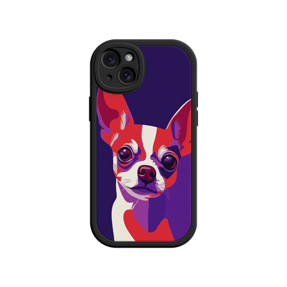 Phone case with a colorful dog illustration on a white background
