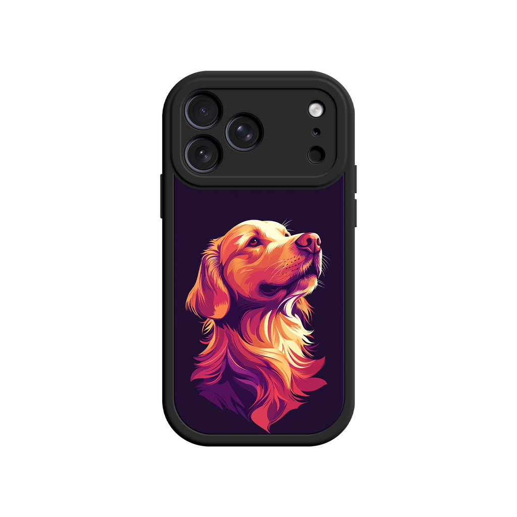 Artistic dog portrait phone cover in orange and purple