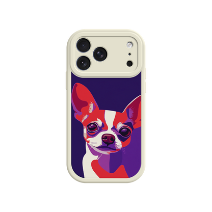 Phone case with a colorful dog illustration on a white background
