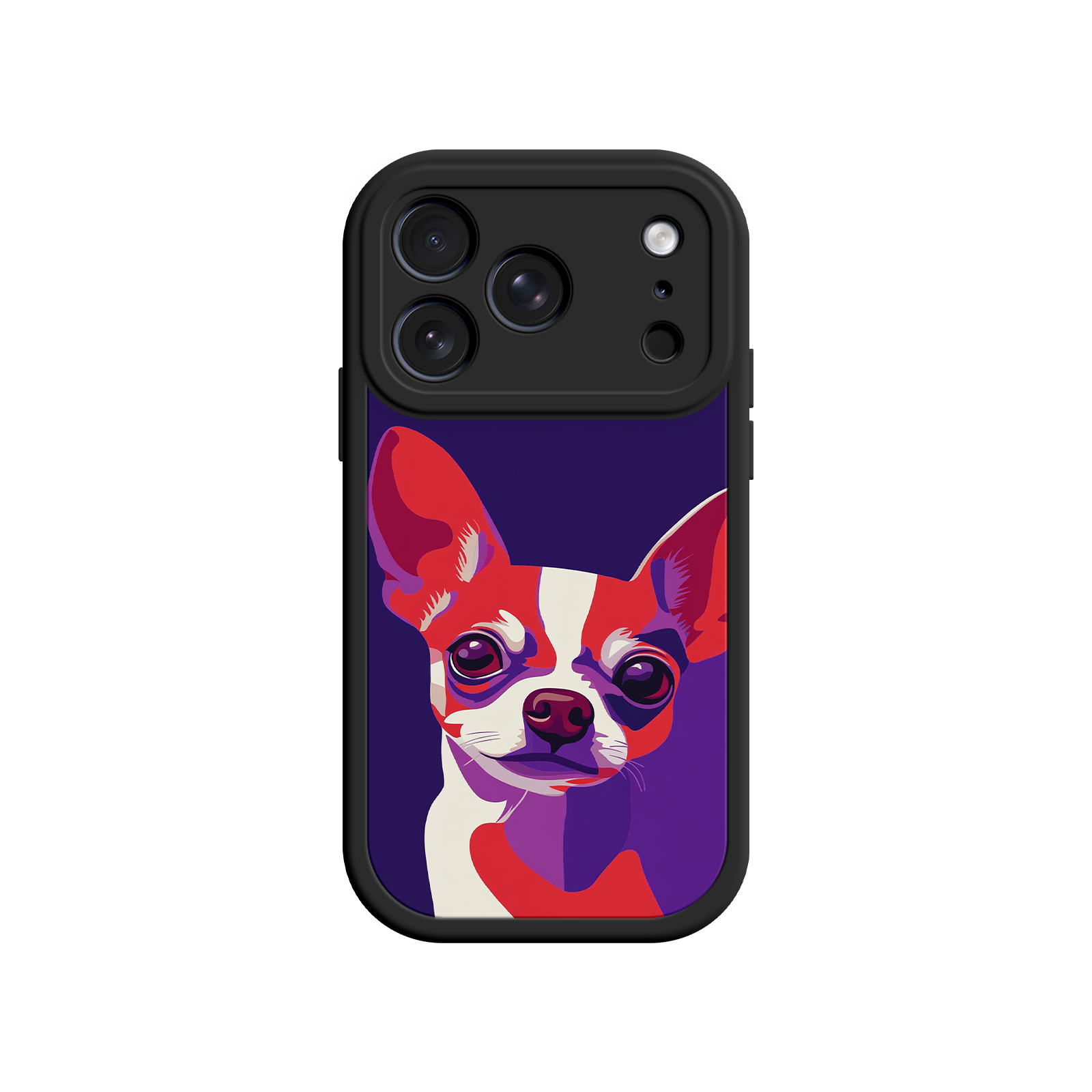 Phone case with a colorful dog illustration on a white background