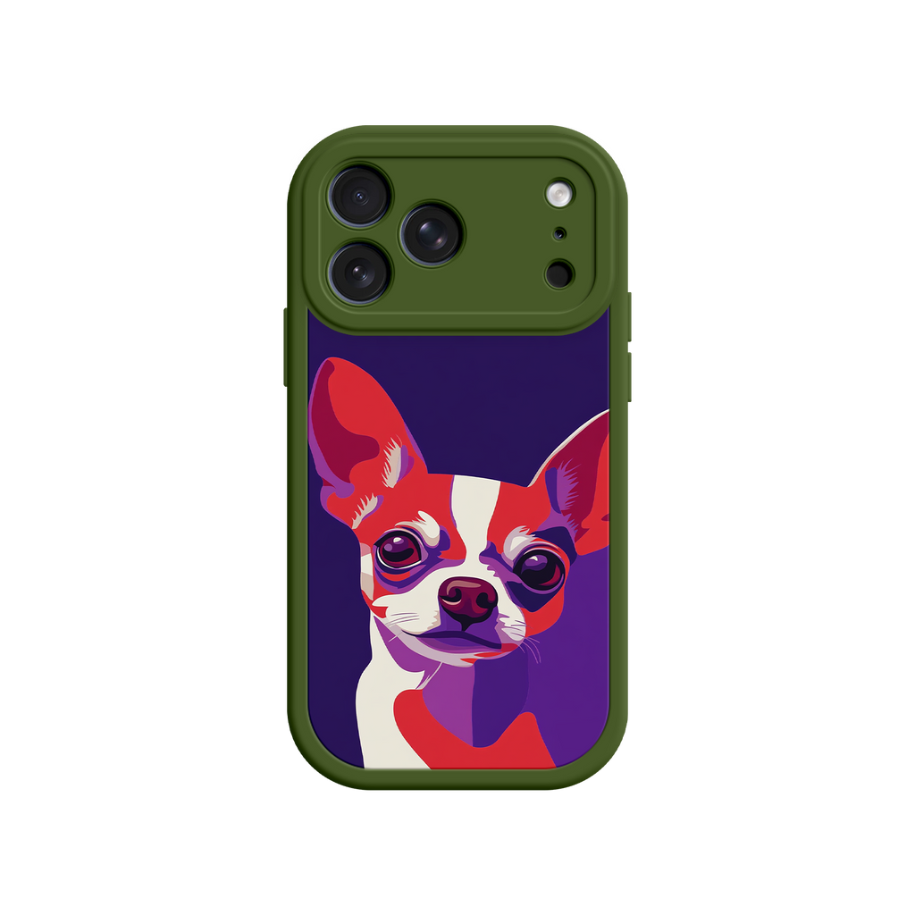 Phone case with a colorful dog illustration on a white background