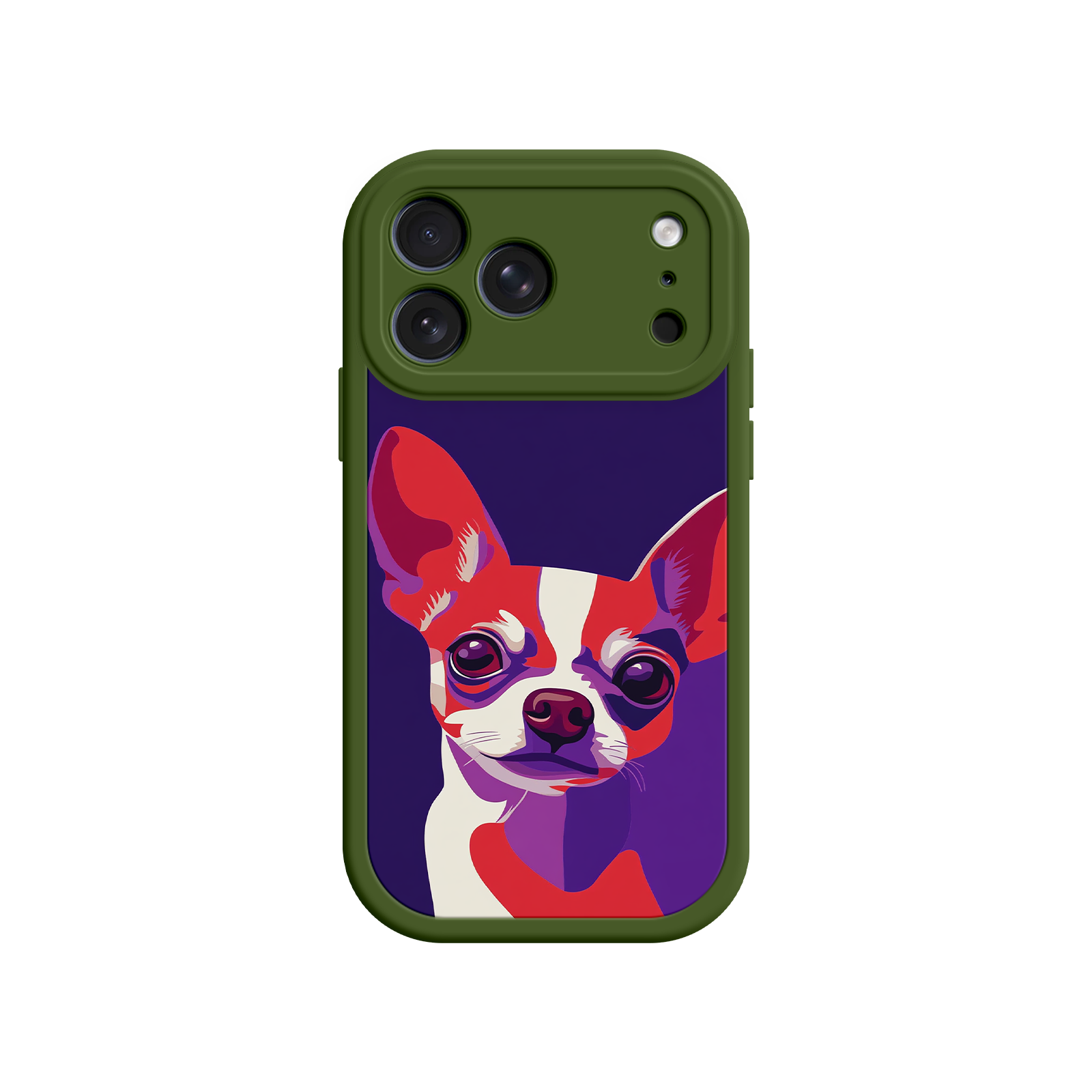 Phone case with a colorful dog illustration on a white background