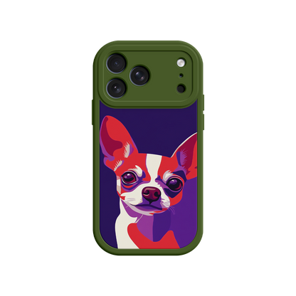 Phone case with a colorful dog illustration on a white background