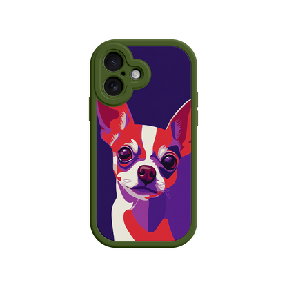 Phone case with a colorful dog illustration on a white background