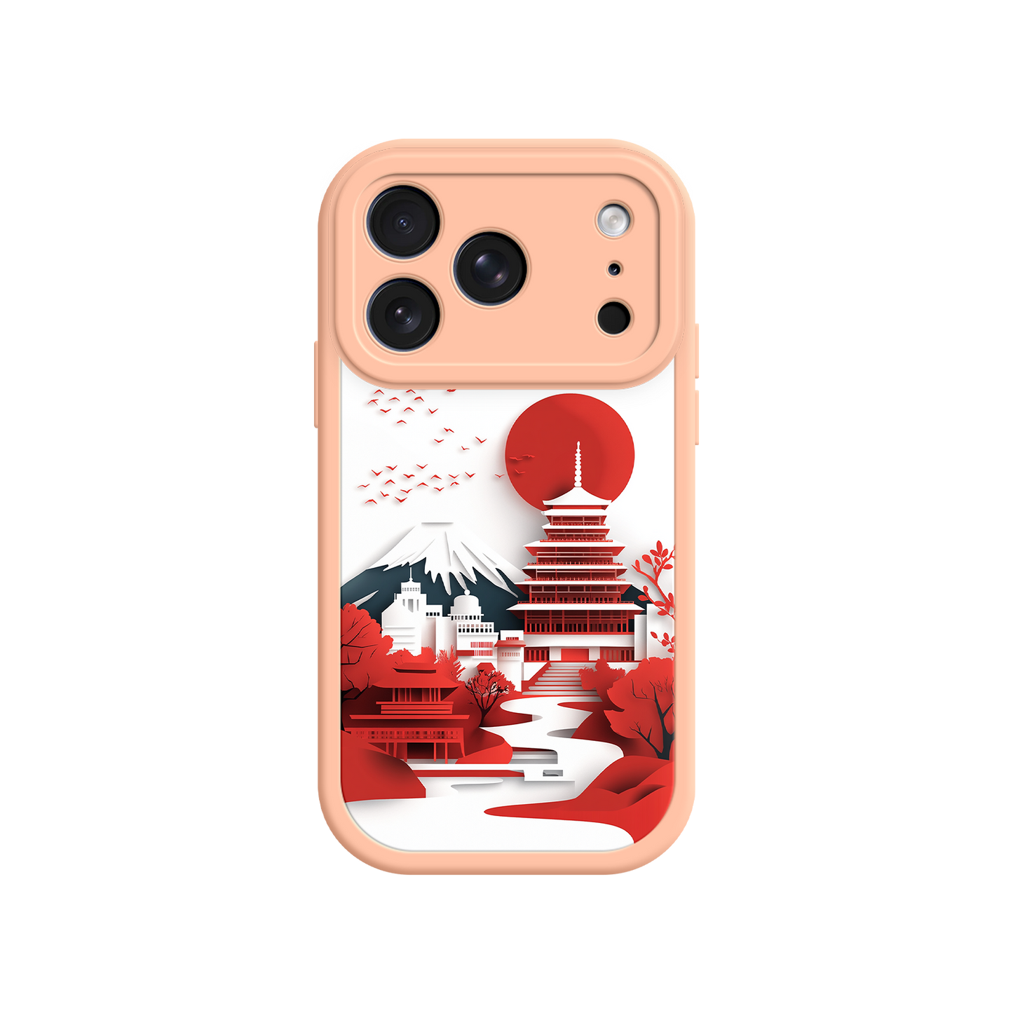 Pink Frame Japanese Pagoda Phone Case - Red Sun, Fuji Mountain - Compatible with iPhone 