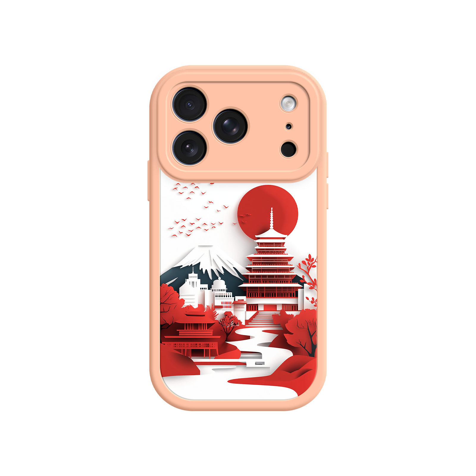Pink Frame Japanese Pagoda Phone Case - Red Sun, Fuji Mountain - Compatible with iPhone 