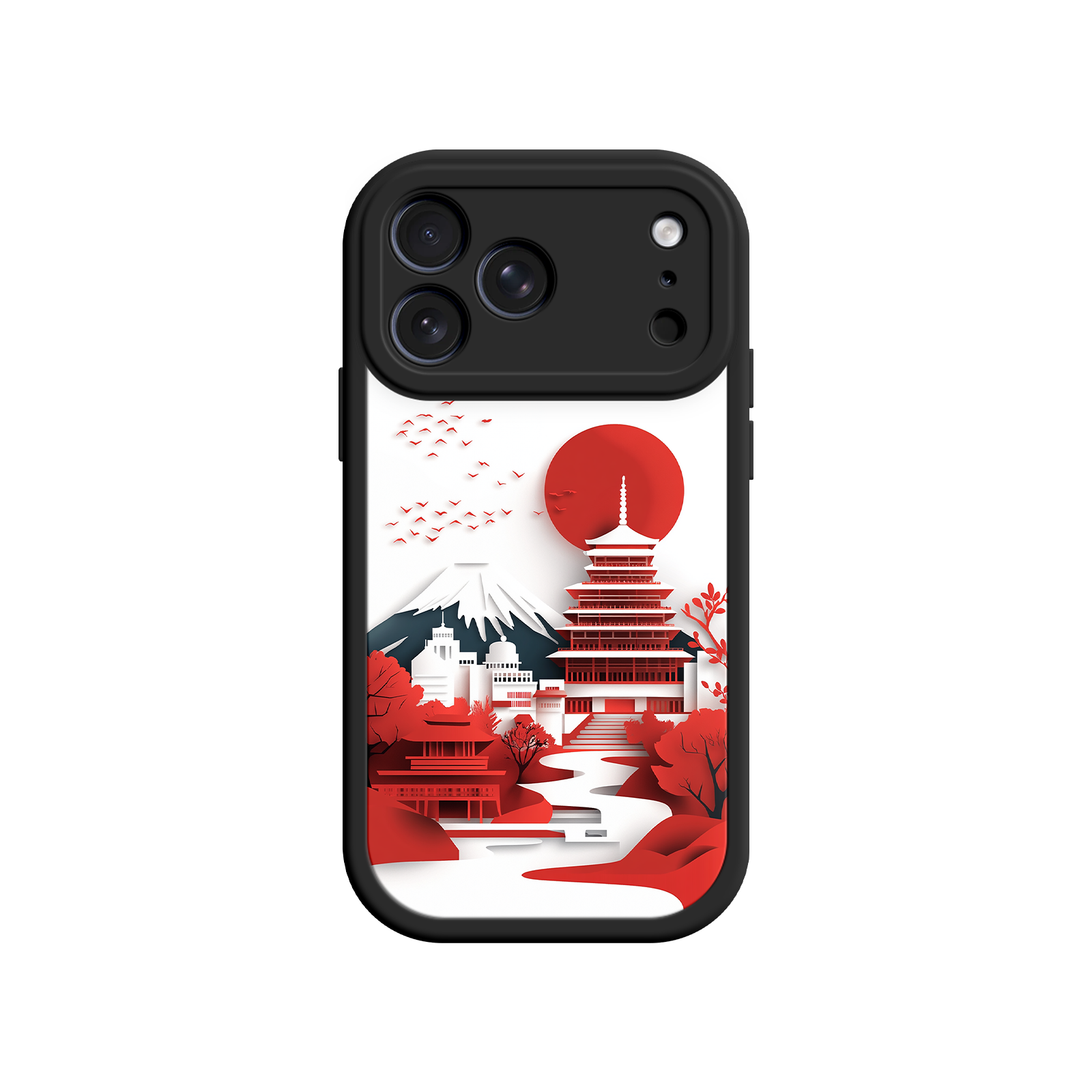  Japanese Paper-Cut Art Phone Case - Fuji Mountain & Red Pagoda - Pink Border - Compatible with iPhone