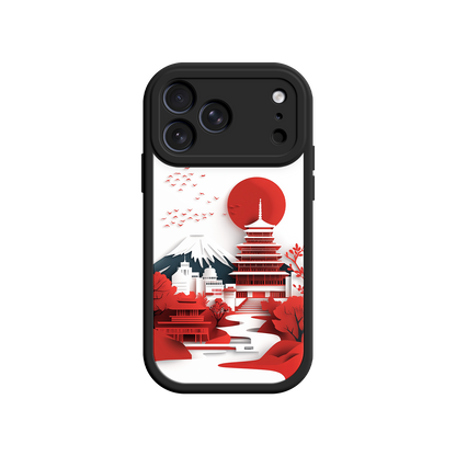  Japanese Paper-Cut Art Phone Case - Fuji Mountain & Red Pagoda - Pink Border - Compatible with iPhone