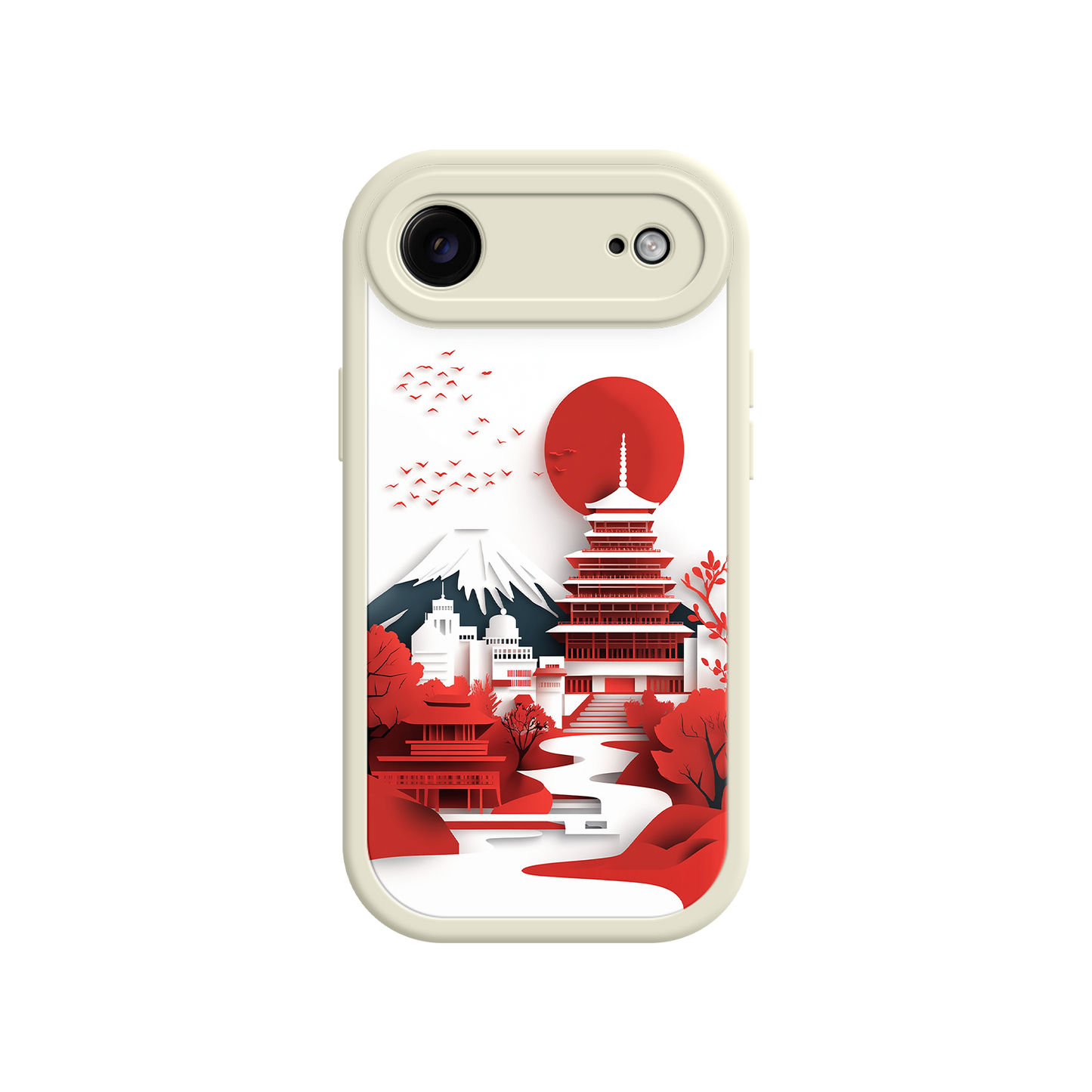 Red Sun Japanese Landscape Phone Case - Pagoda, Fuji, Trees - Pink Frame - iPhone