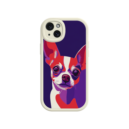Phone case with a colorful dog illustration on a white background