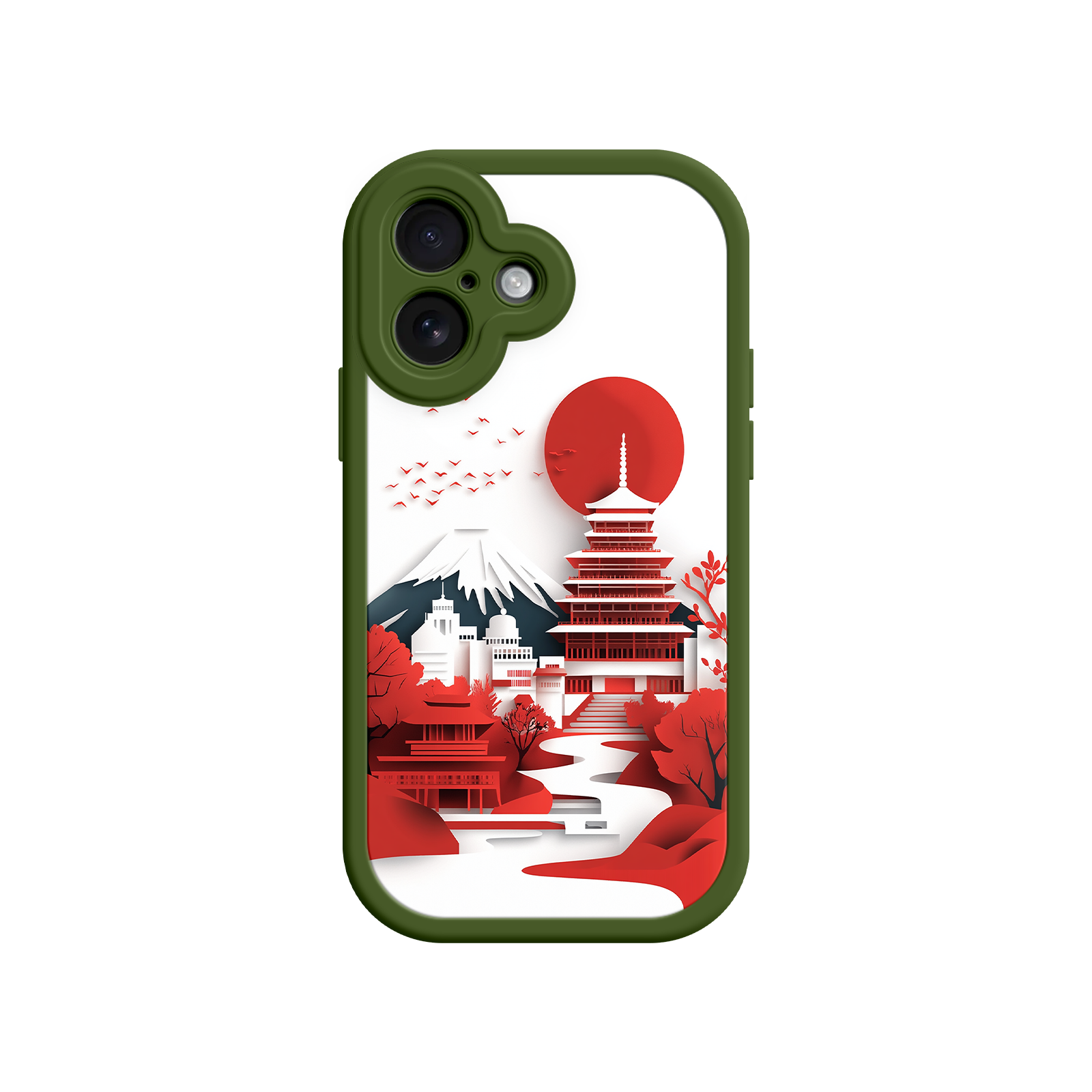 Artistic Japanese Pagoda Phone Case - Fuji, Red Sun, Birds - Compatible with iPhone