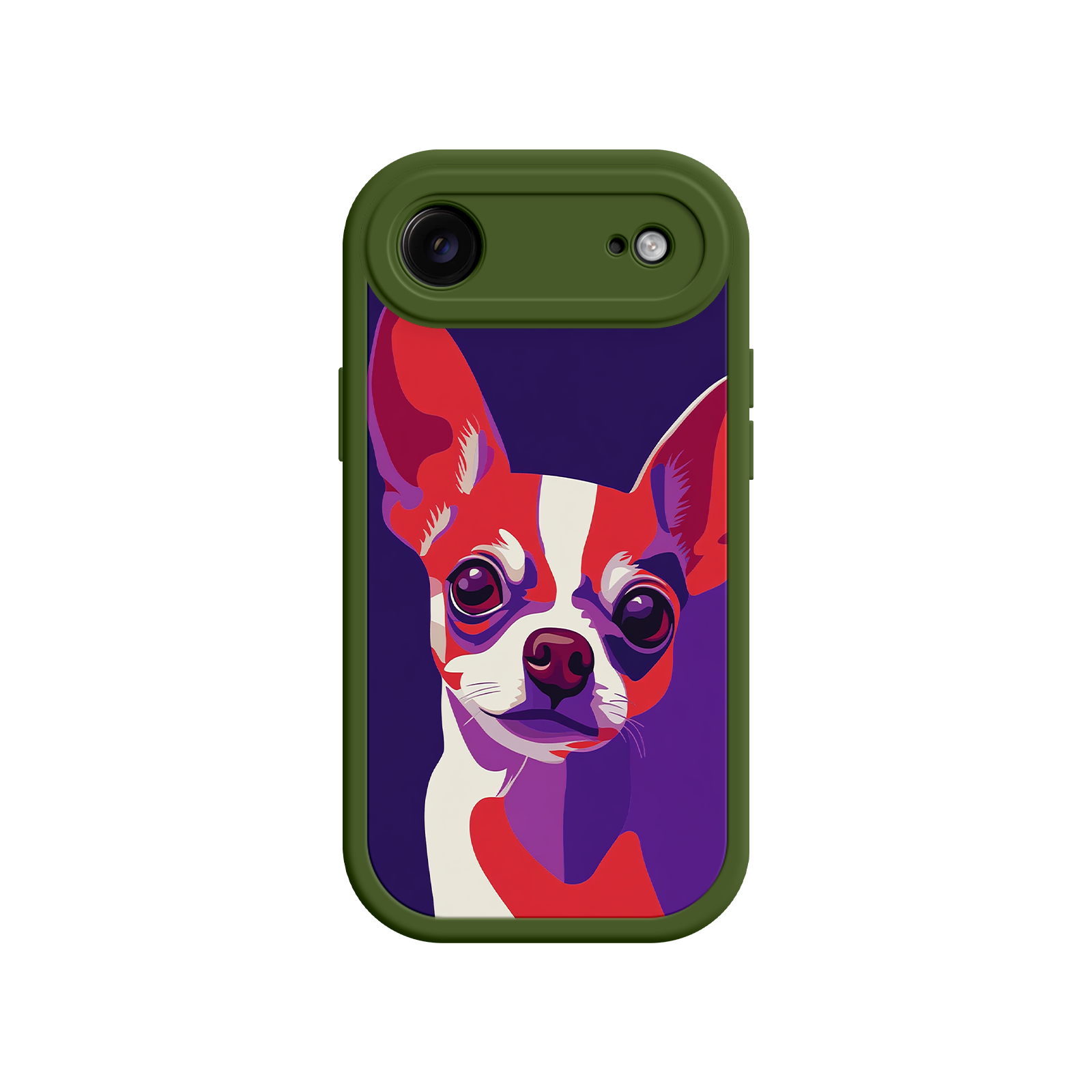 Phone case with a colorful dog illustration on a white background