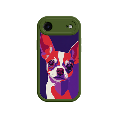 Phone case with a colorful dog illustration on a white background