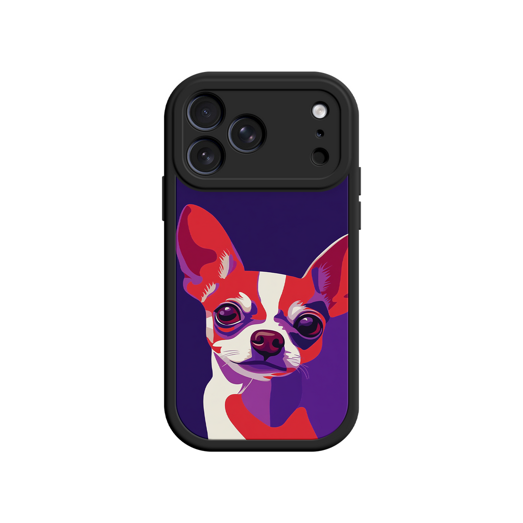 Phone case with a colorful dog illustration on a purple background