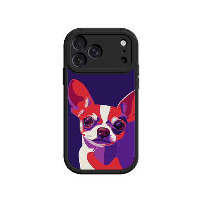 Phone case with a colorful dog illustration on a purple background