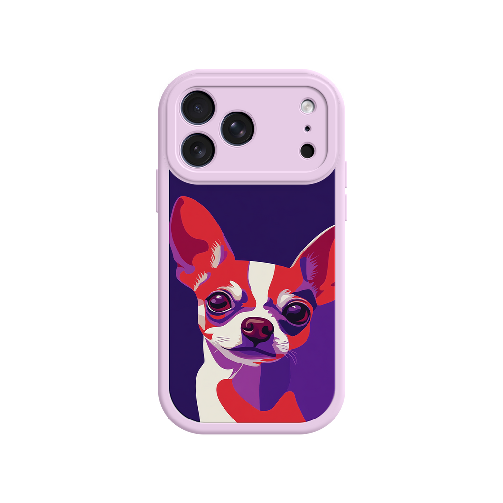 Phone case with a colorful dog illustration on a purple background