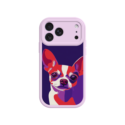 Phone case with a colorful dog illustration on a purple background