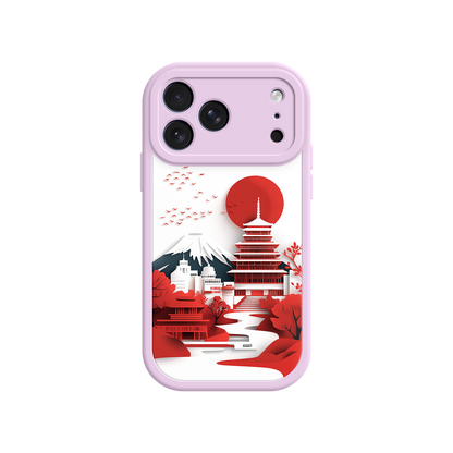 Pink Border Japanese Landscape Phone Case - Fuji, Pagoda, Red Sun - For iPhone