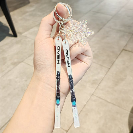 #C00018 Ski Keychain Charm Set – Mini Skis & Snowflake Accessory Gift for Skiers, Snowboarders & Winter Sports Fans