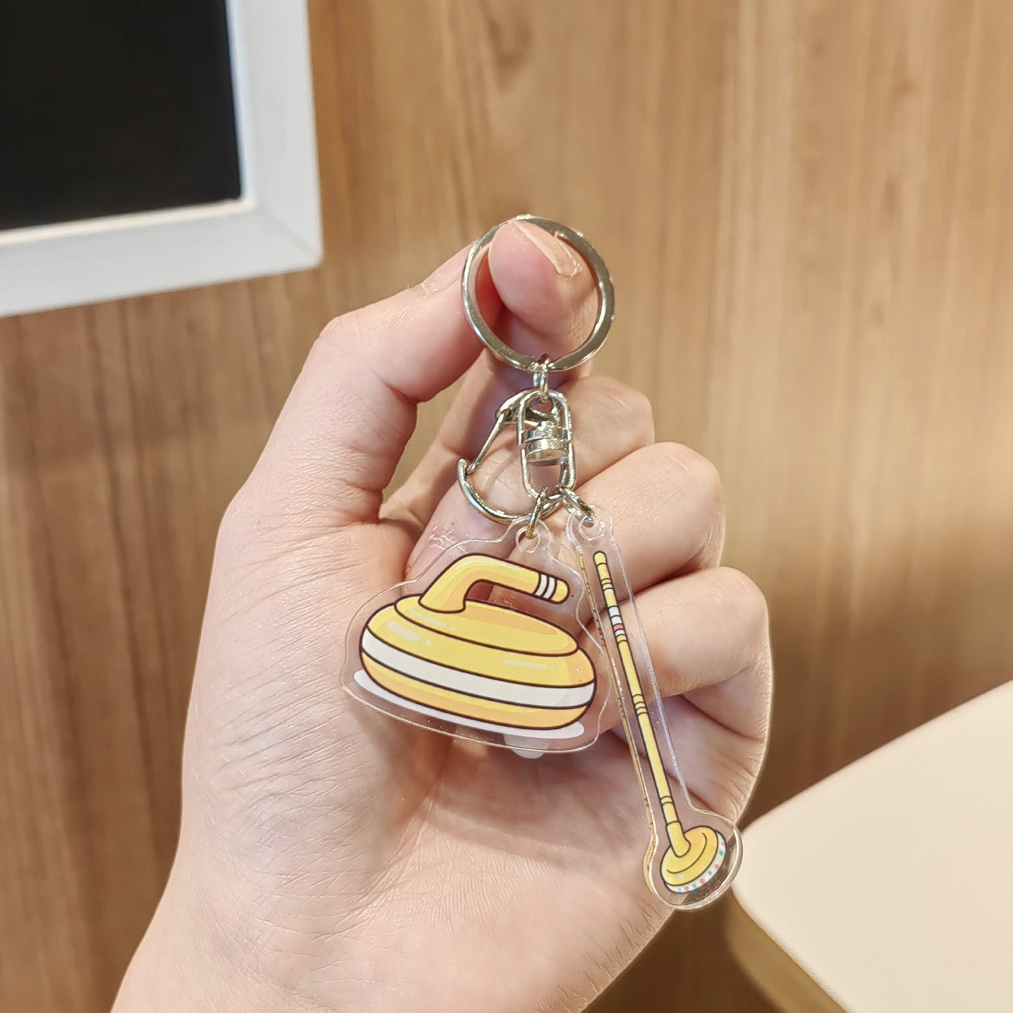 #C00015 Curling Keychain Charm Set – Mini Curling Stone & Broom Accessory Gift for Sports Fans & Winter Game Lovers