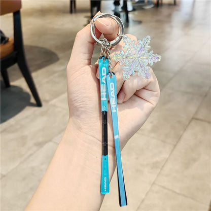 #C00018 Ski Keychain Charm Set – Mini Skis & Snowflake Accessory Gift for Skiers, Snowboarders & Winter Sports Fans
