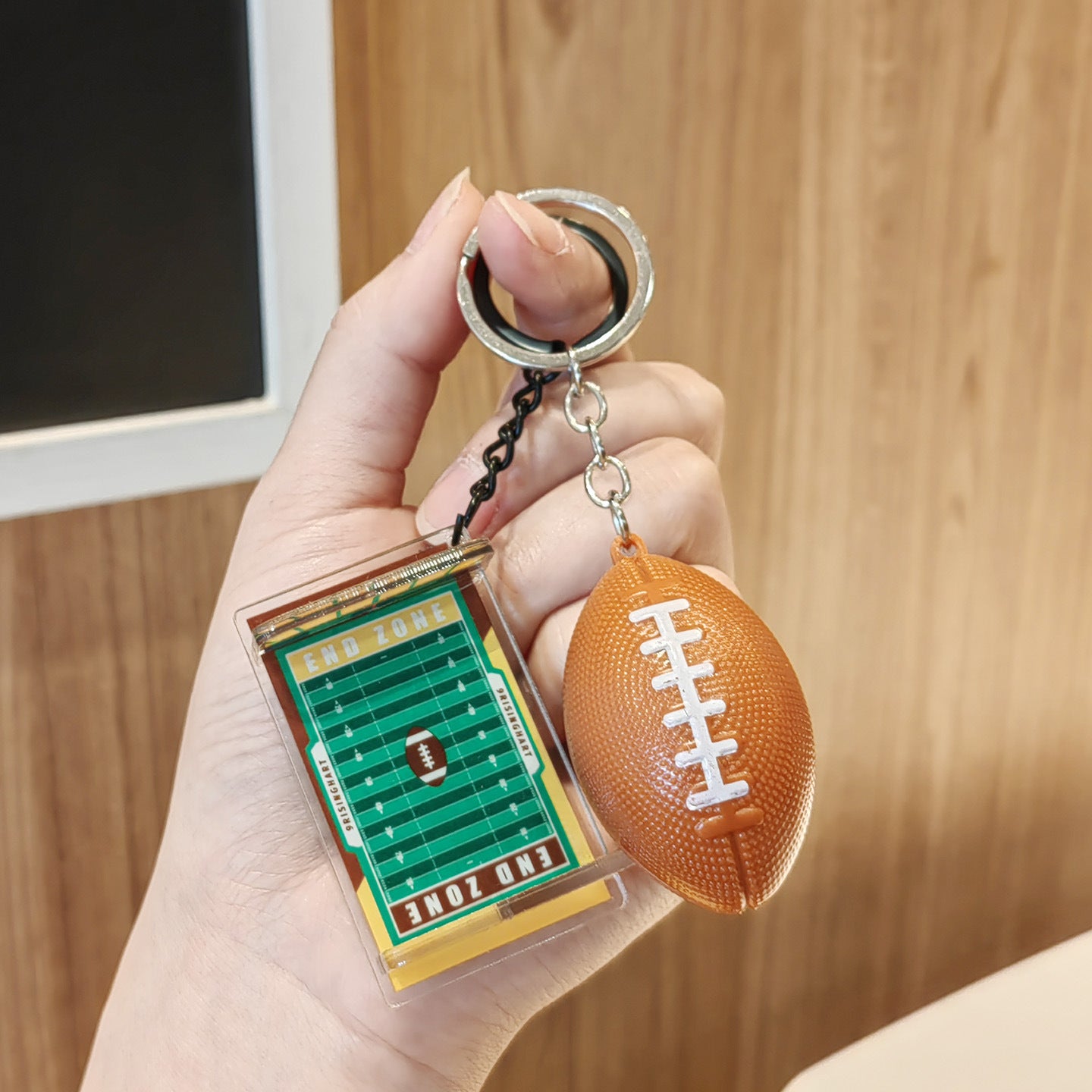 #C00019 3D American Football Keychain Set – Helmet, Ball & Field Charm Keyring for Sports Fans