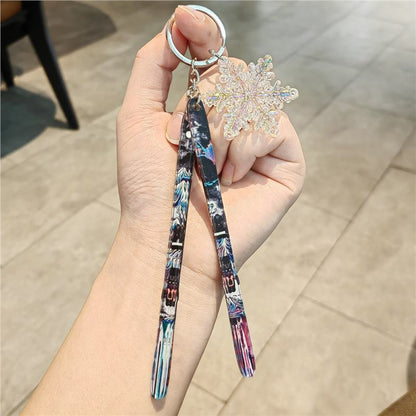 #C00018 Ski Keychain Charm Set – Mini Skis & Snowflake Accessory Gift for Skiers, Snowboarders & Winter Sports Fans