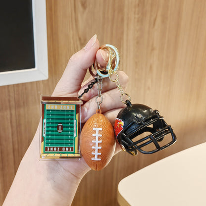 #C00019 3D American Football Keychain Set – Helmet, Ball & Field Charm Keyring for Sports Fans