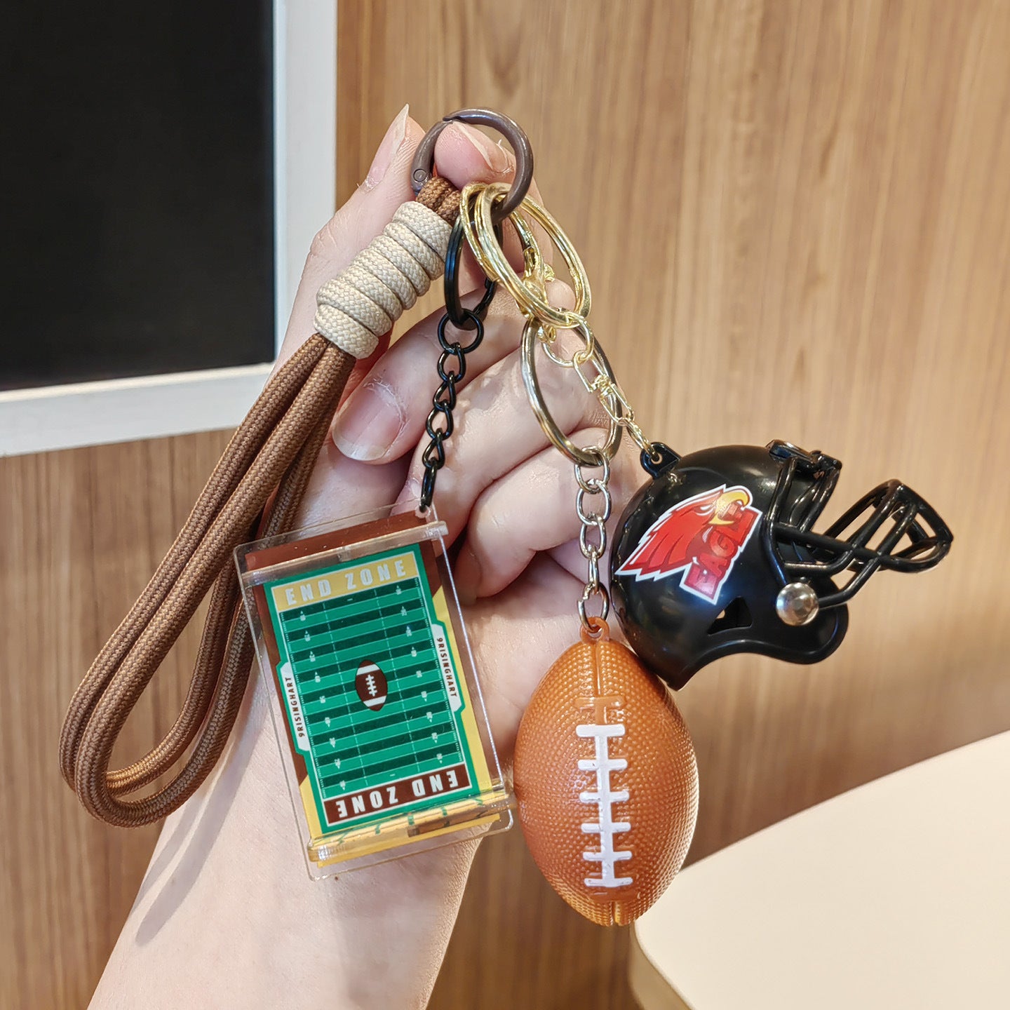 #C00019 3D American Football Keychain Set – Helmet, Ball & Field Charm Keyring for Sports Fans